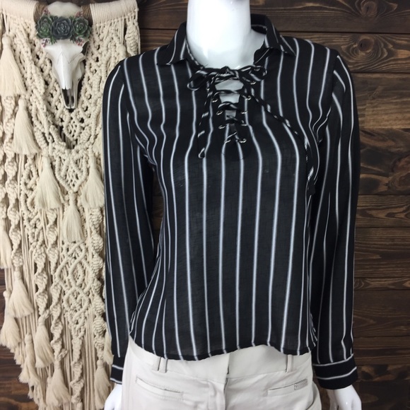 Paper Crane | Striped Lace Up Sheer‎ Blouse Black White - Picture 2 of 5